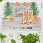 Linge De Cuisine Golden Retriever Chien Noël cheminée scène (Plié)