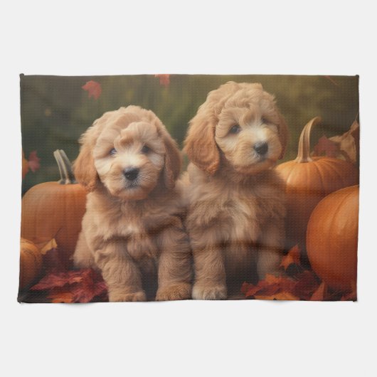 Linge De Cuisine Goldendoodle Chiot Automne Citrouille délice (Horizontal)