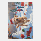 Linge De Cuisine Goldendoodle Courir en neige avec Casquette de Noë (Vertical)