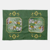 Linge De Cuisine Goldfinch Birds and Flowers Green (Horizontal)