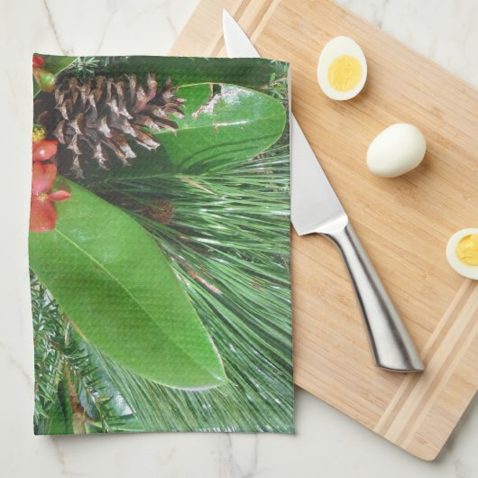 Linge De Cuisine Golf cônes de pin et verdure Noël (Quart Plié)