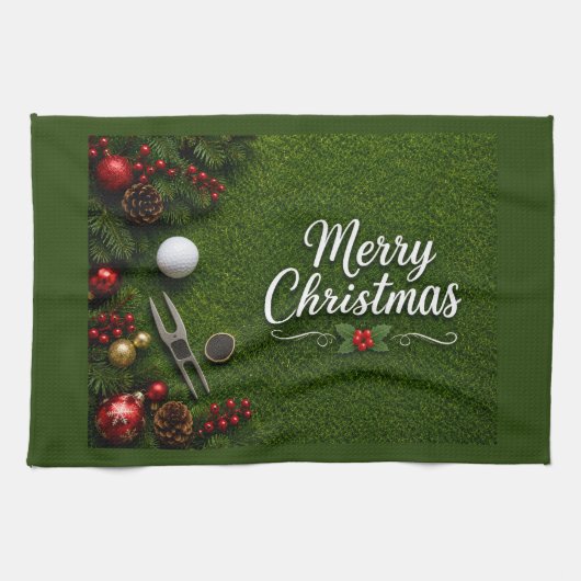 Linge De Cuisine Golf sur gazon vert thème de Noël (Horizontal)
