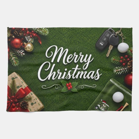 Linge De Cuisine Golf sur gazon vert thème de Noël (Horizontal)