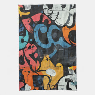 Linge De Cuisine Graffiti Abstrait Contemporain Rose Bleu Noir