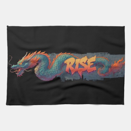 Linge De Cuisine Graffiti Stylisé Dragon Mural avec Bold 'RISE' (Horizontal)