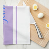 Linge De Cuisine Grand nom de script bleu, Lavender Strips sur blan (Quart Plié)