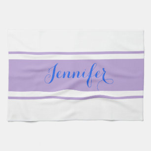 Linge De Cuisine Grand nom de script bleu, Lavender Strips sur blan