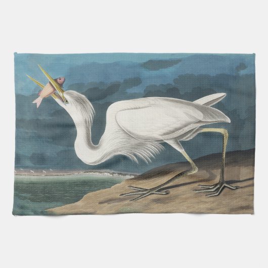 Linge De Cuisine Grande Peinture de la faune d'Audubon Heron blanc (Horizontal)