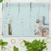 Linge De Cuisine Grange côtière bois aqua bleu étoile coquillages (Plié)