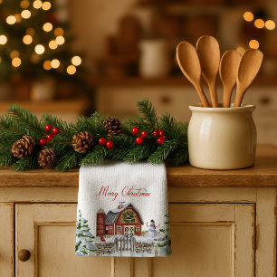Linge De Cuisine Grange rouge Joyeux Noël Scène de neige