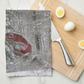 Linge De Cuisine Grange rouge neigeuse (Quart Plié)