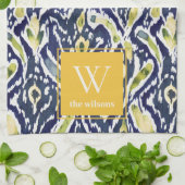 Linge De Cuisine Gras bleu jaune Abstrait Ikat Monogramme (Plié)