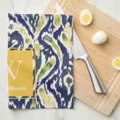 Linge De Cuisine Gras bleu jaune Abstrait Ikat Monogramme (Quart Plié)