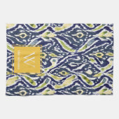 Linge De Cuisine Gras bleu jaune Abstrait Ikat Monogramme (Horizontal)