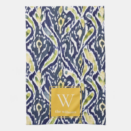 Linge De Cuisine Gras bleu jaune Abstrait Ikat Monogramme (Vertical)