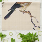 Linge De Cuisine Gravure sur bois japonaise d'un pinson, marron et  (Plié)