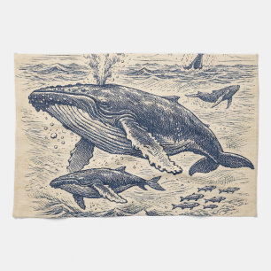 Linge De Cuisine Gravure vintage de groupe de baleines à bosse