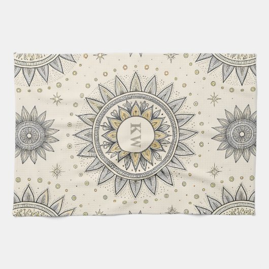 Linge De Cuisine Gray Gold Mandala Pattern Monogram (Horizontal)