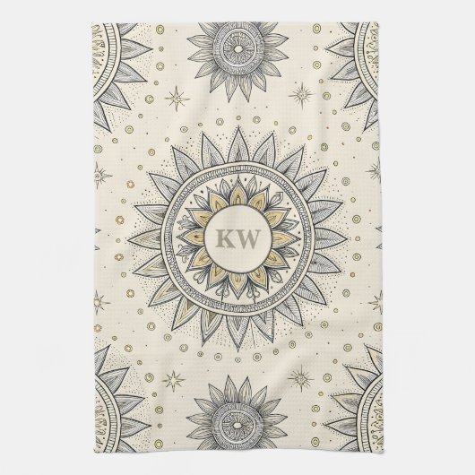 Linge De Cuisine Gray Gold Mandala Pattern Monogram (Vertical)
