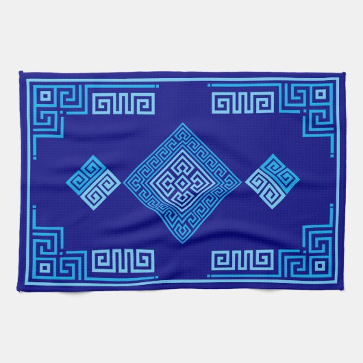Linge De Cuisine Grec Mander - Clé grecque - Nuances de bleu (Horizontal)