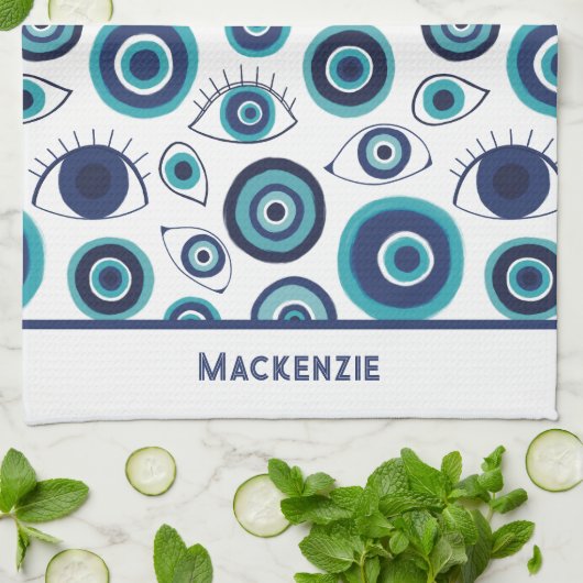 Linge De Cuisine Greek Evil Eye Pattern Custom Blue White  (Plié)