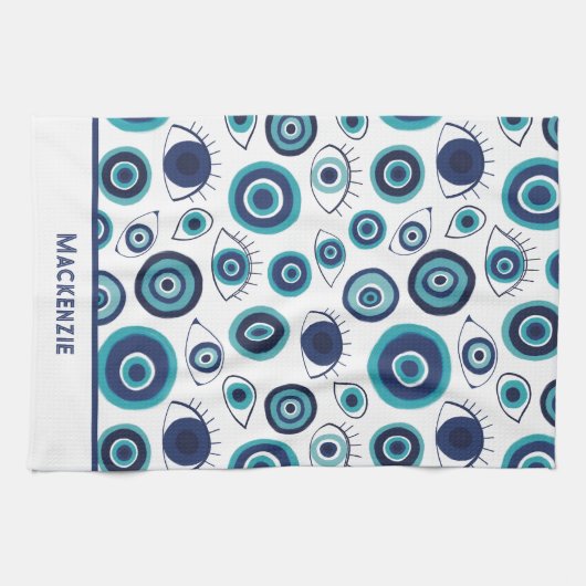 Linge De Cuisine Greek Evil Eye Pattern Custom Blue White  (Horizontal)