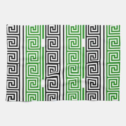 Linge De Cuisine Green Black White Greek Key Fret Pattern Design (Horizontal)