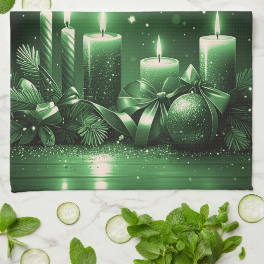 Linge De Cuisine Green Candles Christmas Holiday Kitchen Towel (Plié)