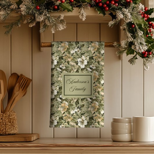 Linge De Cuisine Green Gold Floral Personalized Elegant Towel