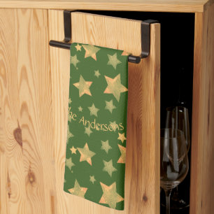 Linge De Cuisine Green Gold Stars Motif Élégant Joyeux Noël