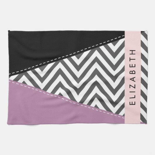 Linge De Cuisine Grey Zigzag, Grey Chevron, Purple, Votre Nom (Horizontal)