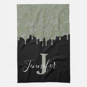 Linge De Cuisine Gris argenté et noir Monogramme Paillettes Coulure