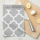 Linge De Cuisine Gris Blanc Marocain #5 gris foncé Nom Monogramme (Quart Plié)