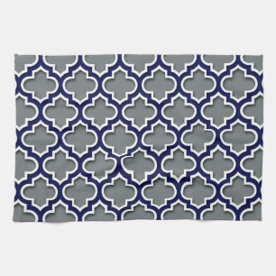 Linge De Cuisine Gris Charbon Navy Blanc Quatrefeuille Marocain #5D