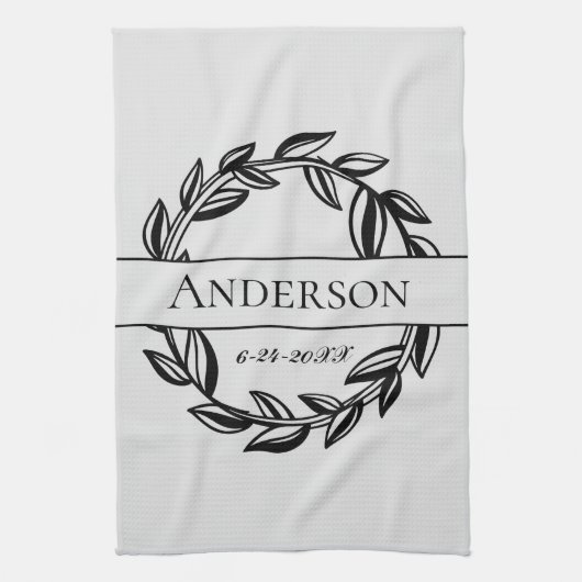 Linge De Cuisine Gris clair et feuille noire Nom de famille Date de (Vertical)