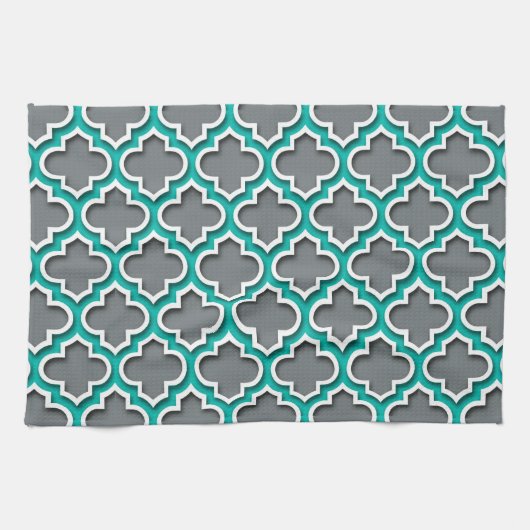 Linge De Cuisine Gris de charbon Turquoise blanc Quatrefoil marocai (Horizontal)