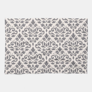Linge De Cuisine Gris de motif de damassé de rouleau sur la crème