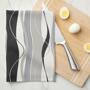 Linge De Cuisine Gris et blanc onduleux de noir de rayures