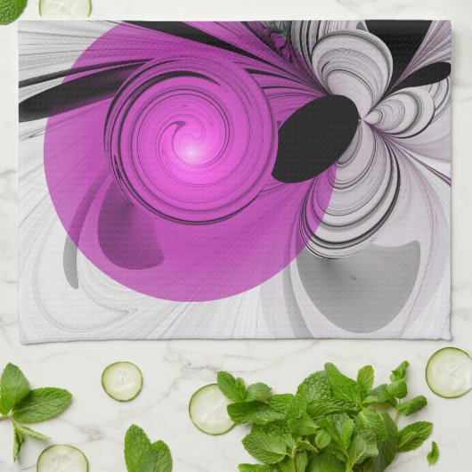 Linge De Cuisine Gris Noir Abstrait Avec Art Fractal Magenta (Plié)