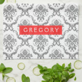 Linge De Cuisine Gris Sur Les Damas Florales Blanches (Plié)