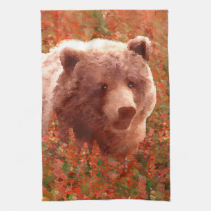 Linge De Cuisine Grizzly Bear Cub dans Fireweed Peinture Art de la