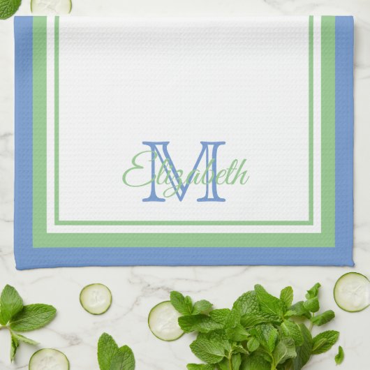Linge De Cuisine Groseilles de Cornouailles Bleu et Monogramme vert (Plié)