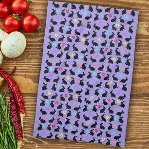 Linge De Cuisine Groupe Printemps noir lapins assis Fleurs pourpres