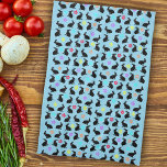 Linge De Cuisine Groupe Printemps noir lapins assis Fleurs sur bleu<br><div class="desc">Cette serviette de cuisine est bleu clair avec un groupe de lapins du printemps assis portant des fleurs colorées autour du cou avec un arrosage de pétales de fleurs de différentes couleurs.</div>