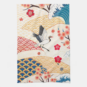 Linge De Cuisine Grue japonaise et vagues de fleurs de cerisier