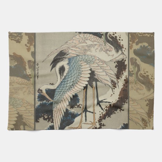 Linge De Cuisine Grues sur un pin couvert de neige Hokusai (Horizontal)