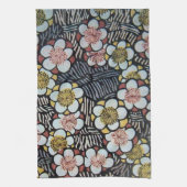 LINGE DE CUISINE HAIKU/ FLEURS DE PRINTEMPS JAUNE ROSE BLANC NOIR (Vertical)