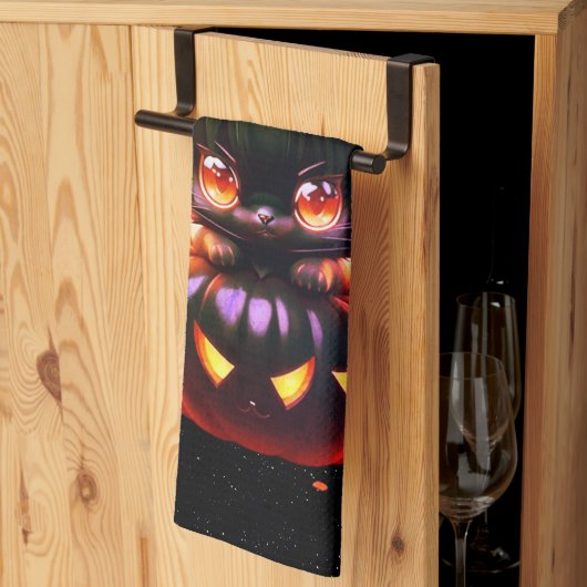 Linge De Cuisine Halloween Chat noir Citrouille nuit Horreur (Pliage en tiers)