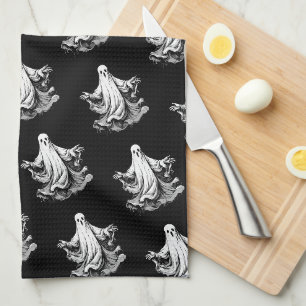 Linge De Cuisine Halloween effrayant avec des fantômes noirs et bla