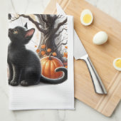Linge De Cuisine Halloween Jack-o'-lantern Citrouille Chat Blanc (Quart Plié)